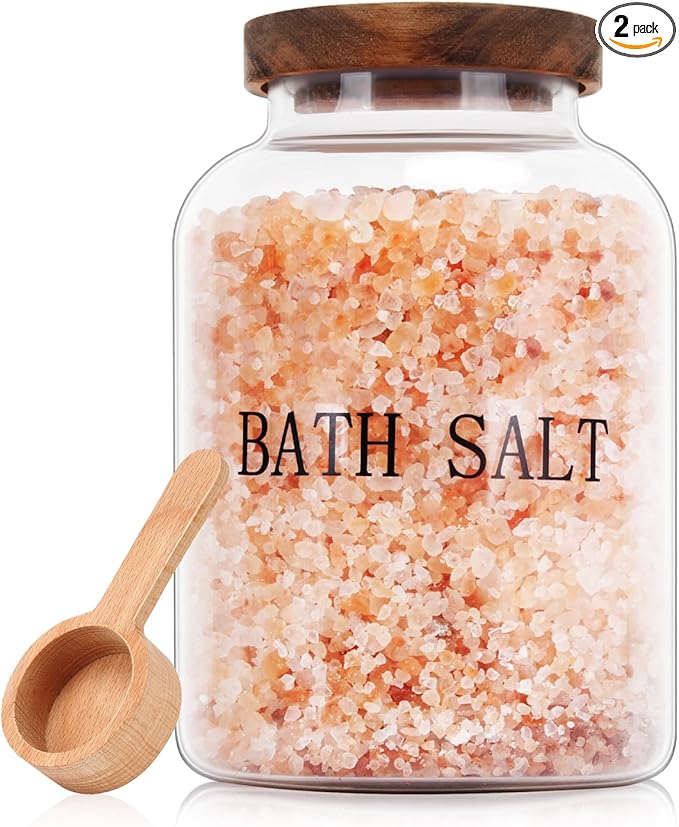 2Pcs 74 oz Glass Bath Salts Jar,Bath Salt Container with Wooden Lid and Scoop,Bathroom Organizers and Storage,for Bathroom Bath Decor,Home Decor,Bathtub Accessories for Women