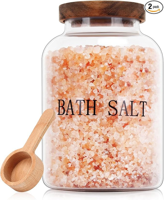 2Pcs 74 oz Glass Bath Salts Jar,Bath Salt Container with Wooden Lid and Scoop,Bathroom Organizers and Storage,for Bathroom Bath Decor,Home Decor,Bathtub Accessories for Women