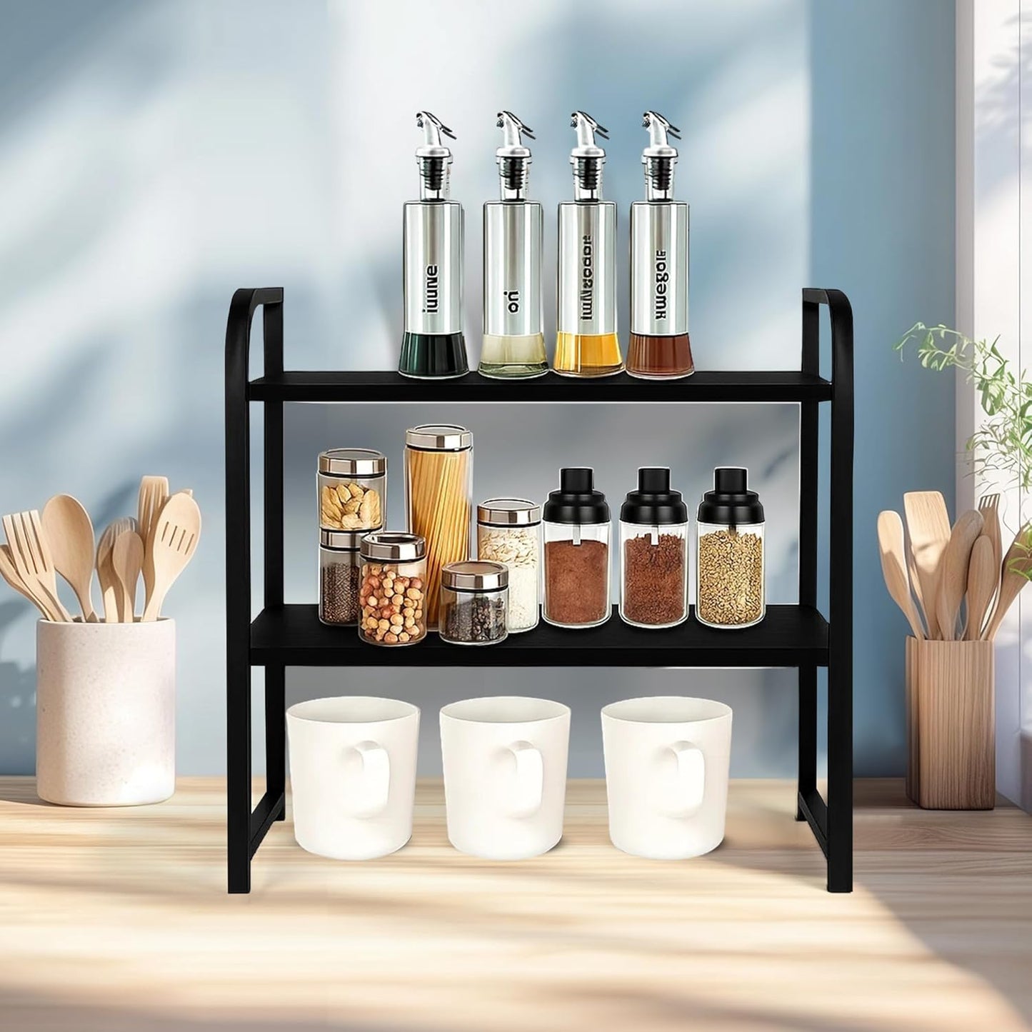 Desktop Shelf Organizer, 2-Tier Office Desk Shelf for Top of Desk, Wood & Metal Bookshelf Supplies Storage Rack (Black)