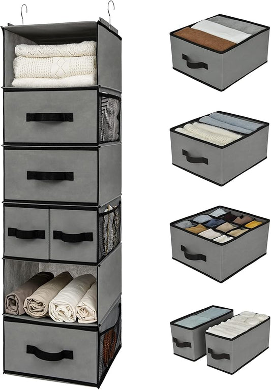 GRANNY SAYS Hanging Closet Organizer 6 Shelves, Closet Organizers and Storage with 5 Drawers, 6 Side Pockets Closet Hanging Organizer, Hanging Storage Organizer for Closet, Baby Clothes, Gray