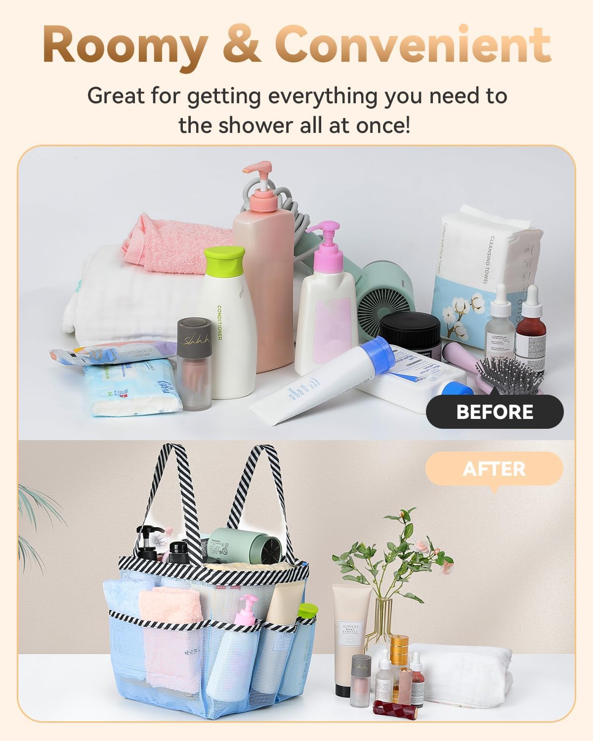 Temede Mesh Shower Caddy Tote, Large Shower Caddy Basket Portable, Quick Dry Hanging Toiletry Bag, 8 Storage Pocket Bath Organizer for College Dorm Room, Gym, Bathroom, Camp, Travel (Blue)