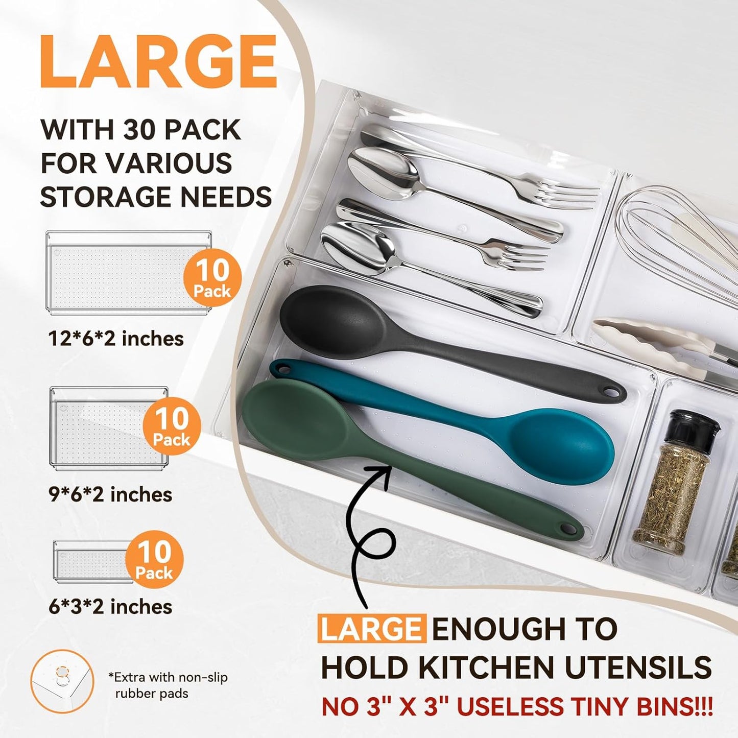 Criusia 30 Pack Large Clear Plastic Drawer Organizer Bins - Acrylic Kitchen Drawer Organization and Storage Dividers for Utensils Gadgets, Office Bathroom and Vanity Organizer for Makeup Accessoires