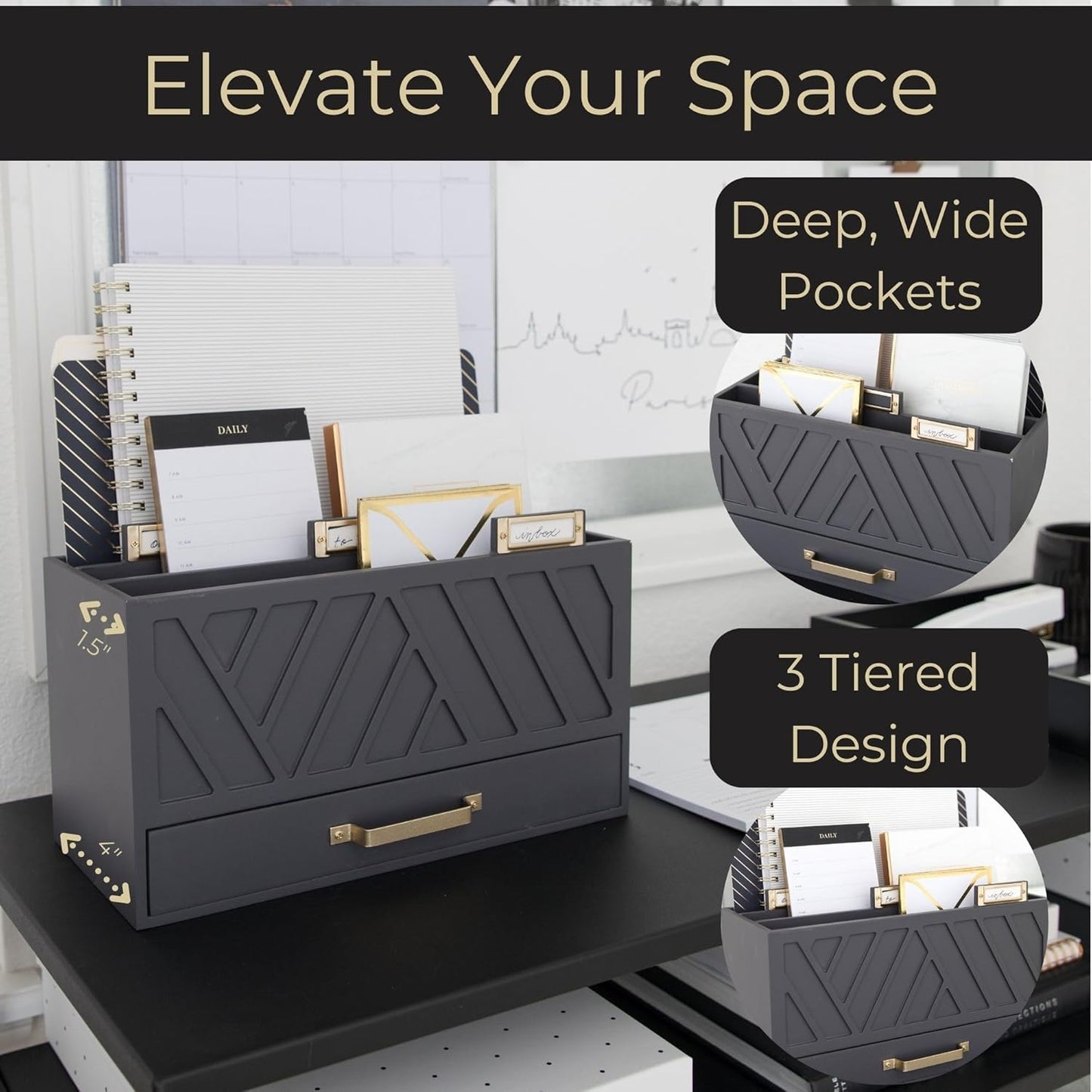 BLU MONACO Grey Desktop Mail Organizer – Three-Tiered with Gold Label Holders and Drawer – Stylish Mail Holder and Countertop Document Storage for Home or Office