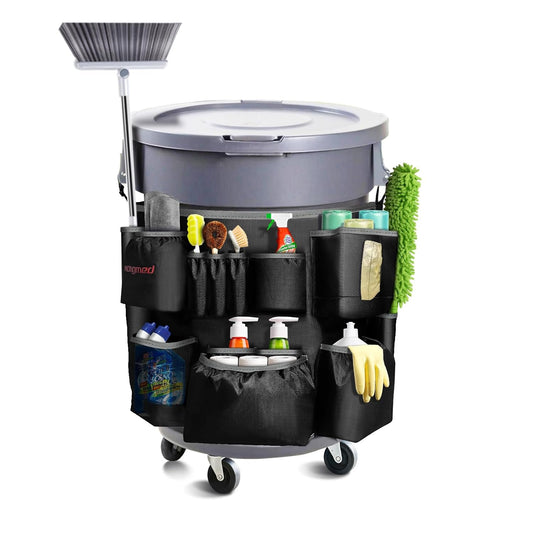 Trash Can Caddy Bag: 1680D Fabric Heavy-Duty Cleaning Caddy with Adjustable Buckle fits 32-55 gal Trash Can, Multi-Pockets Cleaning Tool Organizer for House Cleaners & Janitorial Duties