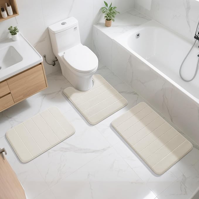 Yimobra Memory Foam Bath Mat, Super Soft Absorbent Bathroom Rug Non Slip, Quick Dry, Machine Washable Floor Carpet for Tub Shower, Home Decor Accessories, 24x17, Cream