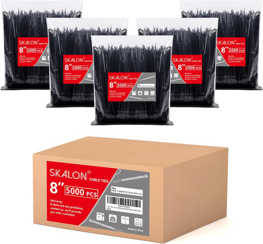 Zip Ties 8 inch (5000 Pack), 40lbs Tensile Strength, Black Cable Ties, Wire Ties for indoor and outdoor use, by Skalon