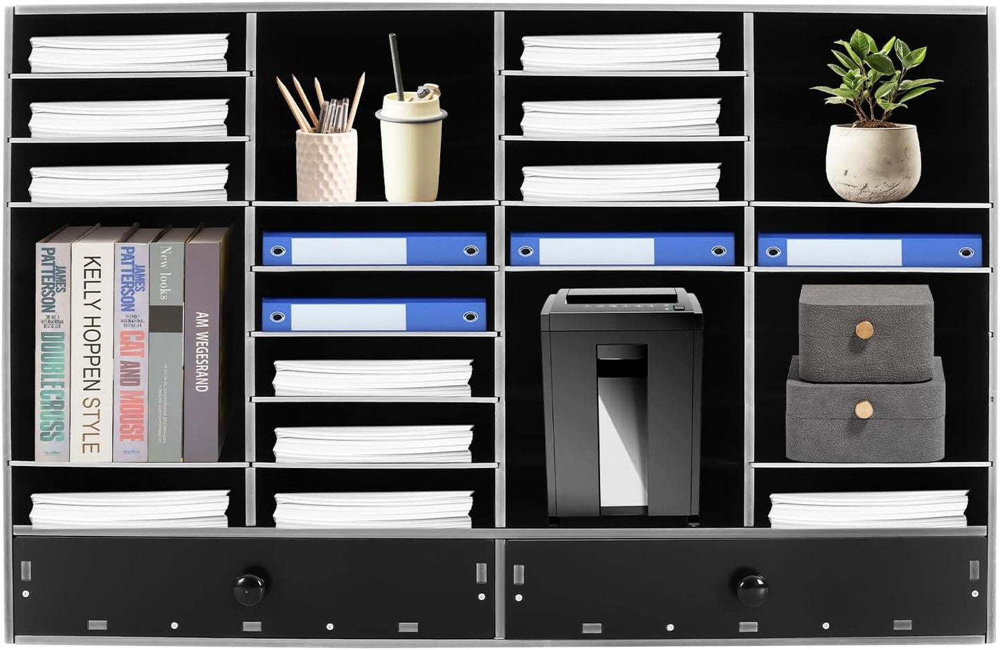 Literature Organizers, Mail Sorter Organizer Adjustable Shelves and 2 Drawers Desktop File Sorter Paper Organizer for Home School Office (Black, 32 Slots with 2 Drawers)