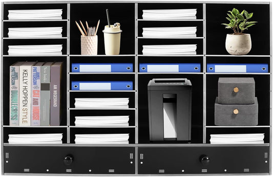 Literature Organizers, Mail Sorter Organizer Adjustable Shelves and 2 Drawers Desktop File Sorter Paper Organizer for Home School Office (Black, 32 Slots with 2 Drawers)