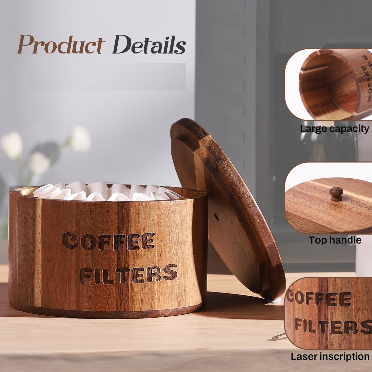 Natural Acacia Wood Coffee Filter Holder with Lid, Multi-Use Countertop Organizer for Coffee Filters, Pods, Beans - Rustic Kitchen Decor