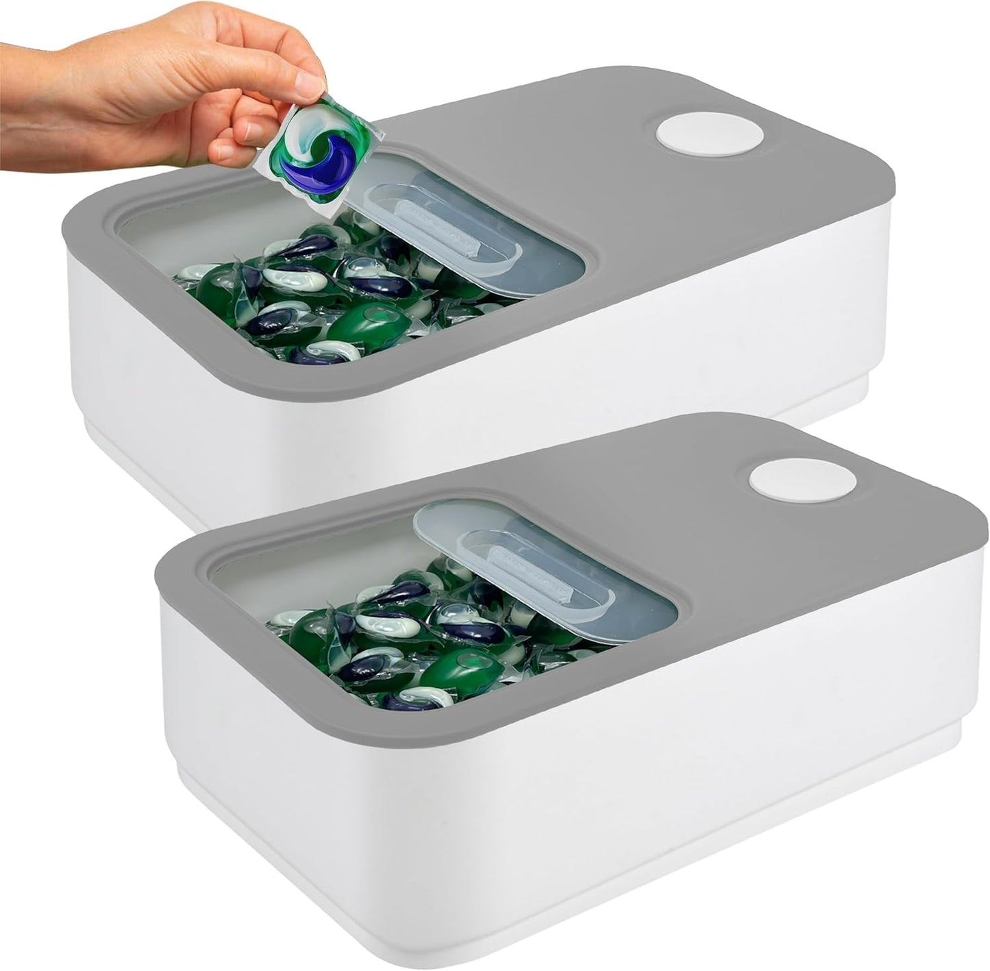 Skywin Large Laundry Pods Container with Slide Lid, 2 Pack Laundry Pod Holder 15 x 8.7 x 4.5 In, Holds 11 lbs OR 120-150 Pods, Laundry Pod Container, Dishwasher Pods Container (Grey)