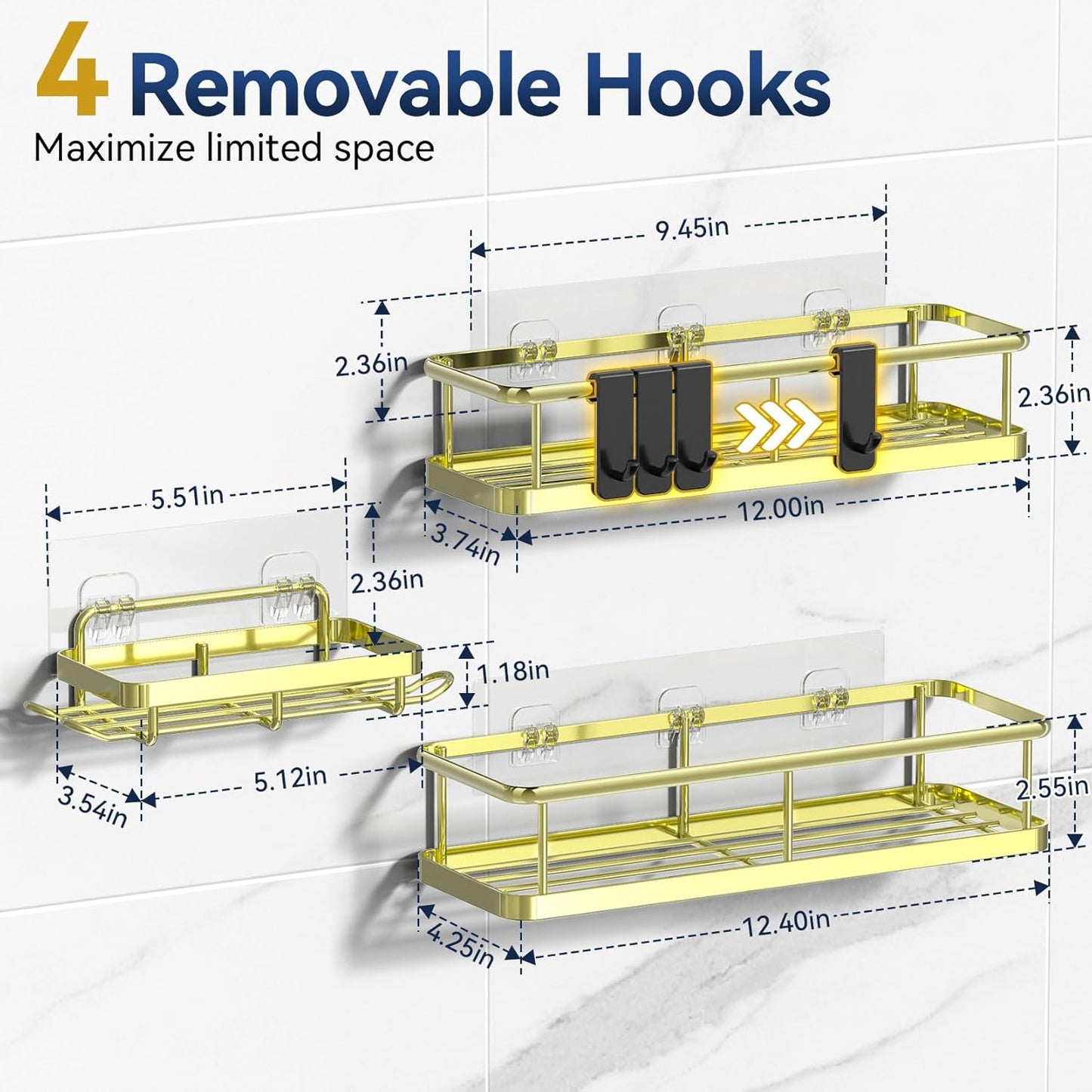 YASONIC Shower Caddy Adhesive, No Drill Bathroom Shower Organizers, with Removable Hooks and Soap Holder, Rust Proof Shower Shelves, Wall-Mounted Shower Holder, 3 Pack, Gold