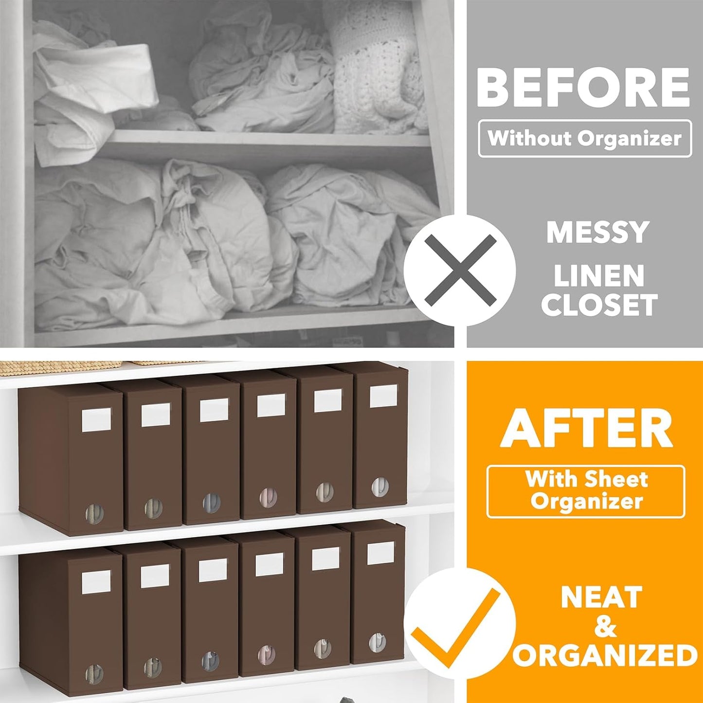 SpaceAid 12 Pack Bed Sheet Organizers and Storage, Foldable Sheet Organizer for Linen Closet, Sheets Set Folder Keeper with Window XL (Queen & King Size) Bedding Container (Brown, 12 Pack)