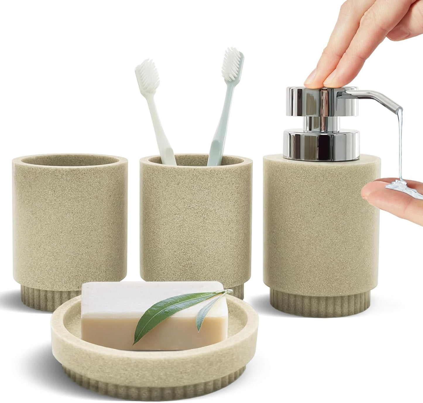 Resin Bathroom Accessories Set, 4 Pcs Modern Bathroom Accessory Set with Liquid Plastic Pump Lotion Soap Dispenser,2 Toothbrush Cup, Soap Dish Countertop Vanity Organizer (Beige)