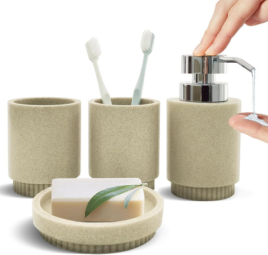 Resin Bathroom Accessories Set, 4 Pcs Modern Bathroom Accessory Set with Liquid Plastic Pump Lotion Soap Dispenser,2 Toothbrush Cup, Soap Dish Countertop Vanity Organizer (Beige)