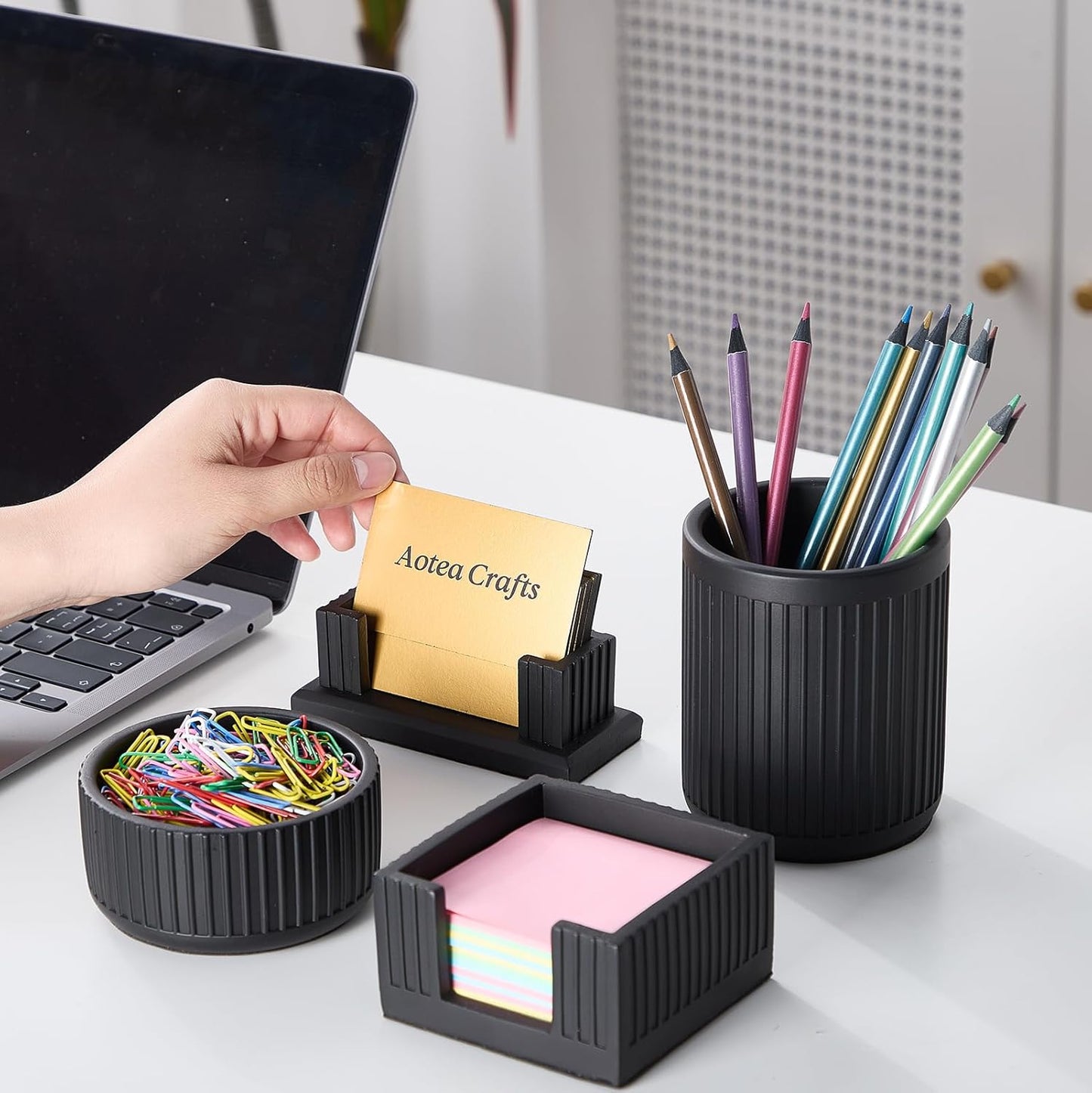 Set of 4 - Aesthetic Desk Accessories For Modern, Industrial, Minimalist Office Decor- Concrete Desk Organizers Accessories For Women or Men- Pen, Business Card Holder & Sticky Note, Paper Clip Holder