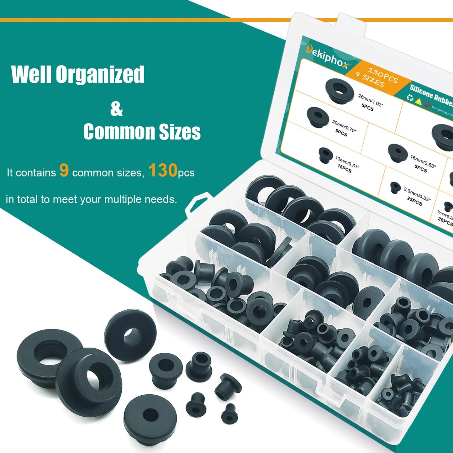 130PCS Silicone Rubber Grommets for Wiring, Black Top Hat Rubber Grommet Assortment Kit, 9 Sizes Round Hole Rubber Wire Grommets for Automotive, Vinyl Tubing in Hydroponic and Irrigation Systems