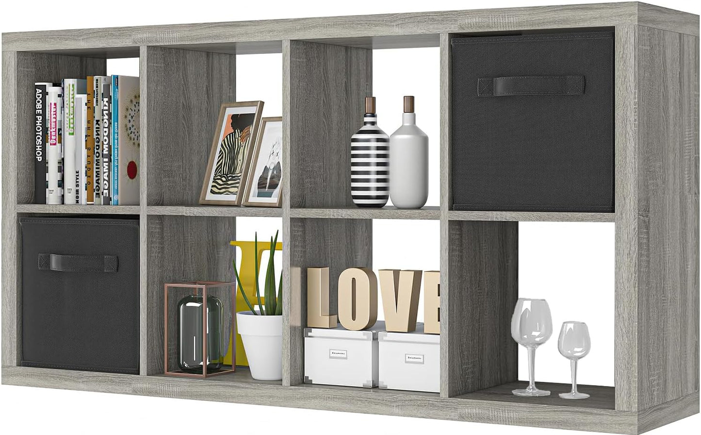 Bookshelf with Storage Bins, 8-Cube Storage Organizer, Modern Wood Open Bookcase, Multifunctional Display Shelf for Living Room, Bedroom, Home Office, Gray Oak