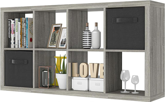 Bookshelf with Storage Bins, 8-Cube Storage Organizer, Modern Wood Open Bookcase, Multifunctional Display Shelf for Living Room, Bedroom, Home Office, Gray Oak