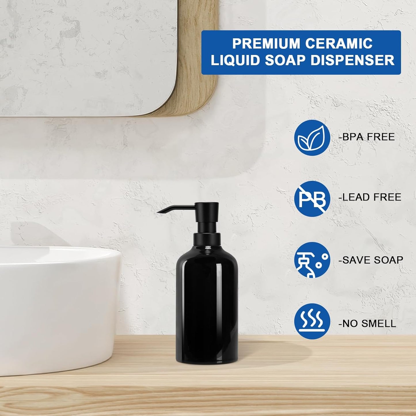 Ceramic Black Soap Dispenser Bathroom, 2 Pcs 16.9oz Hand Soap Dispenser for Kitchen, Hotel