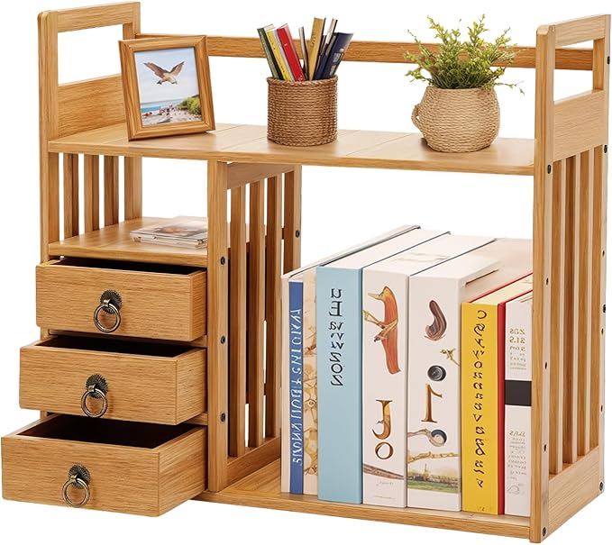 Bamboo Desk Shelves with 3 Drawers Office Desktop Storage Rack Desk Top Document Storage Organizer Rectangular Desktop File Holder Open Design for Office Home School 19.7 * 7.5 * 17.7in