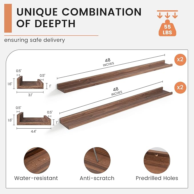 48 Inch Walnut Modern Wall-Mounted Wooden Picture Ledge Bookshelf Set of 4, Floating Shelves