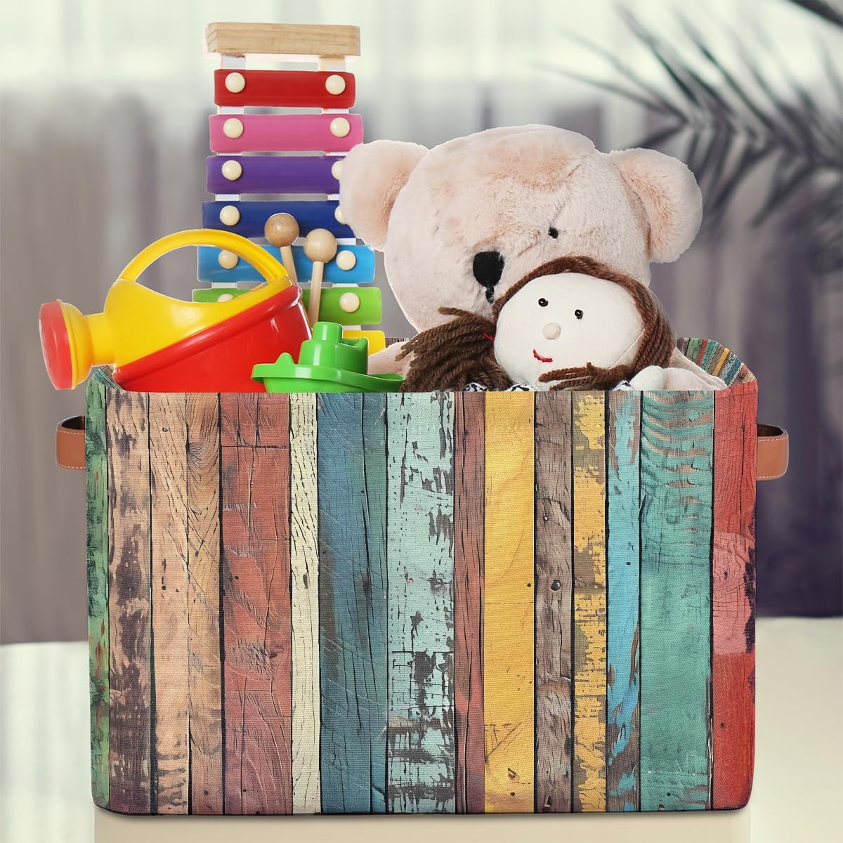 Rustic Wooden Storage Basket for Shelves, Storage Bins with Handles, Collapsible Basket for Organizing, Closet Toy Baskets for Nursery Room, 15x11x9.5 in, Canvas, Rainbow Colored