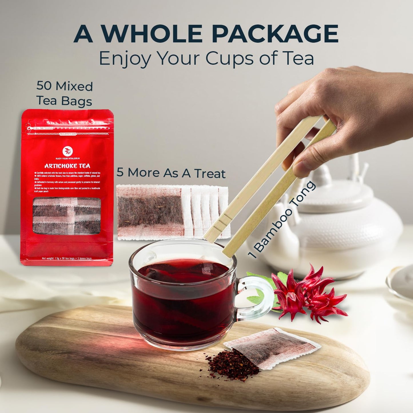 INJOY YOUR VITALGRI:N Roselle Hibiscus Tea Bags - 55 Count (+5 Tea Bags), Bamboo Tong Included - 4.16 oz, Re-Steep Red Artichoke Tea Herbal Blend, Vitamin A, C, D, Detox, Support, Atiso