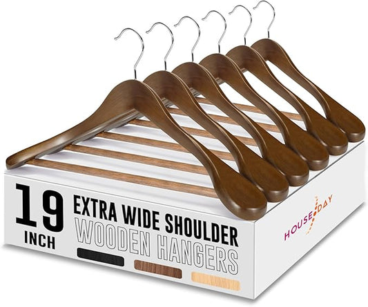 HOUSE DAY 19'' Extra Wide Shoulder Wooden Hangers 6 Pack, Premium Large Wood Suit Hangers with Non Slip Pant Holder, Wide Shoulder Hangers for Suits, Coats, Jackets, Heavy Wide Clothes Hanger, Walnut