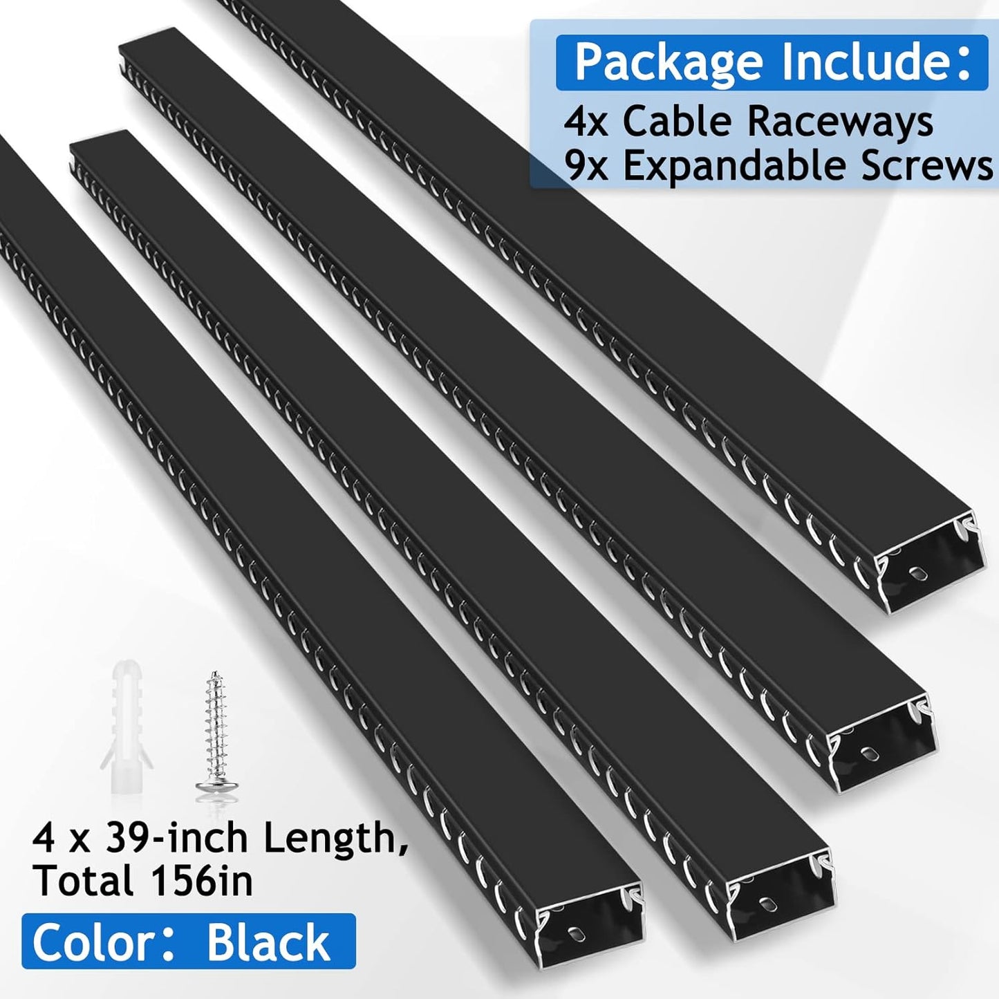 ZhiYo Cable Raceway 156in(4X L39in), Server Rack Cable Management Under Desk Cord Organizer, Electrical Safe PVC Cable Channel Open Slot Wire Raceway for Network/PC/TVs, Wire Duct H1 x W1.6in Black