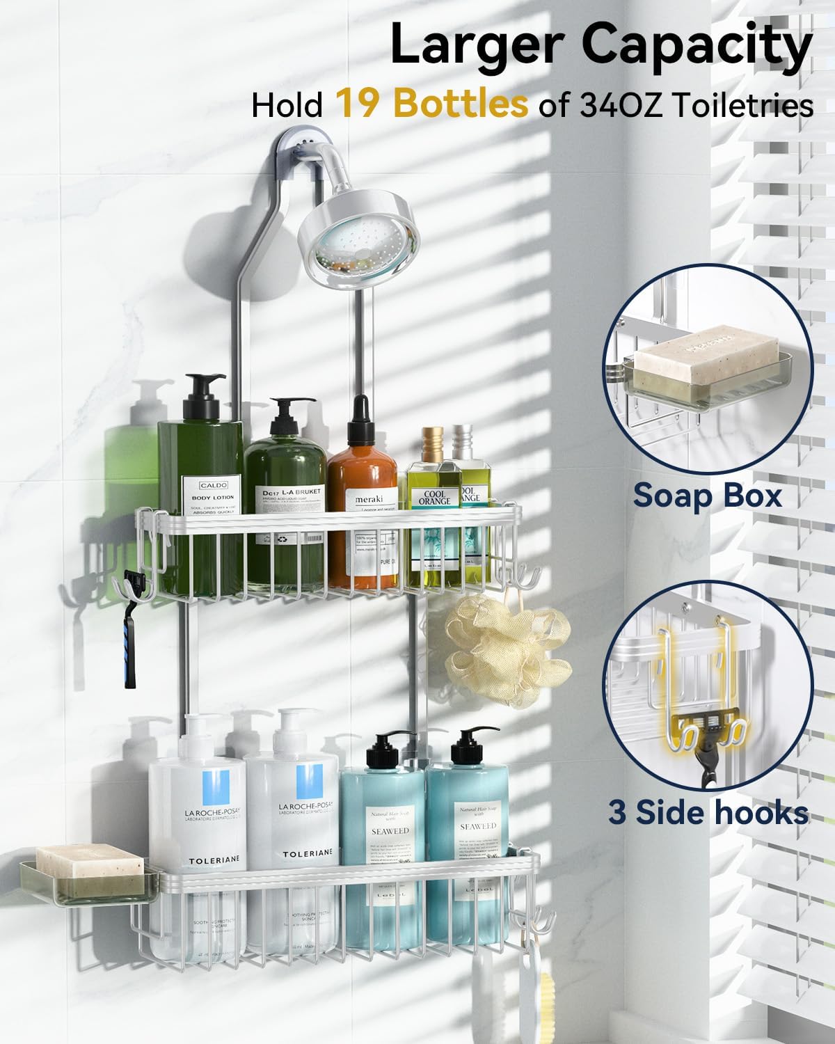 YASONIC Shower Caddy Hanging, Never Rust Shower Organizer Hanging, Aluminum Shower Racks for Inside Shower with Hooks for Razor, Bathroom Organizers and Storage with Soap Holder, Bright Silver
