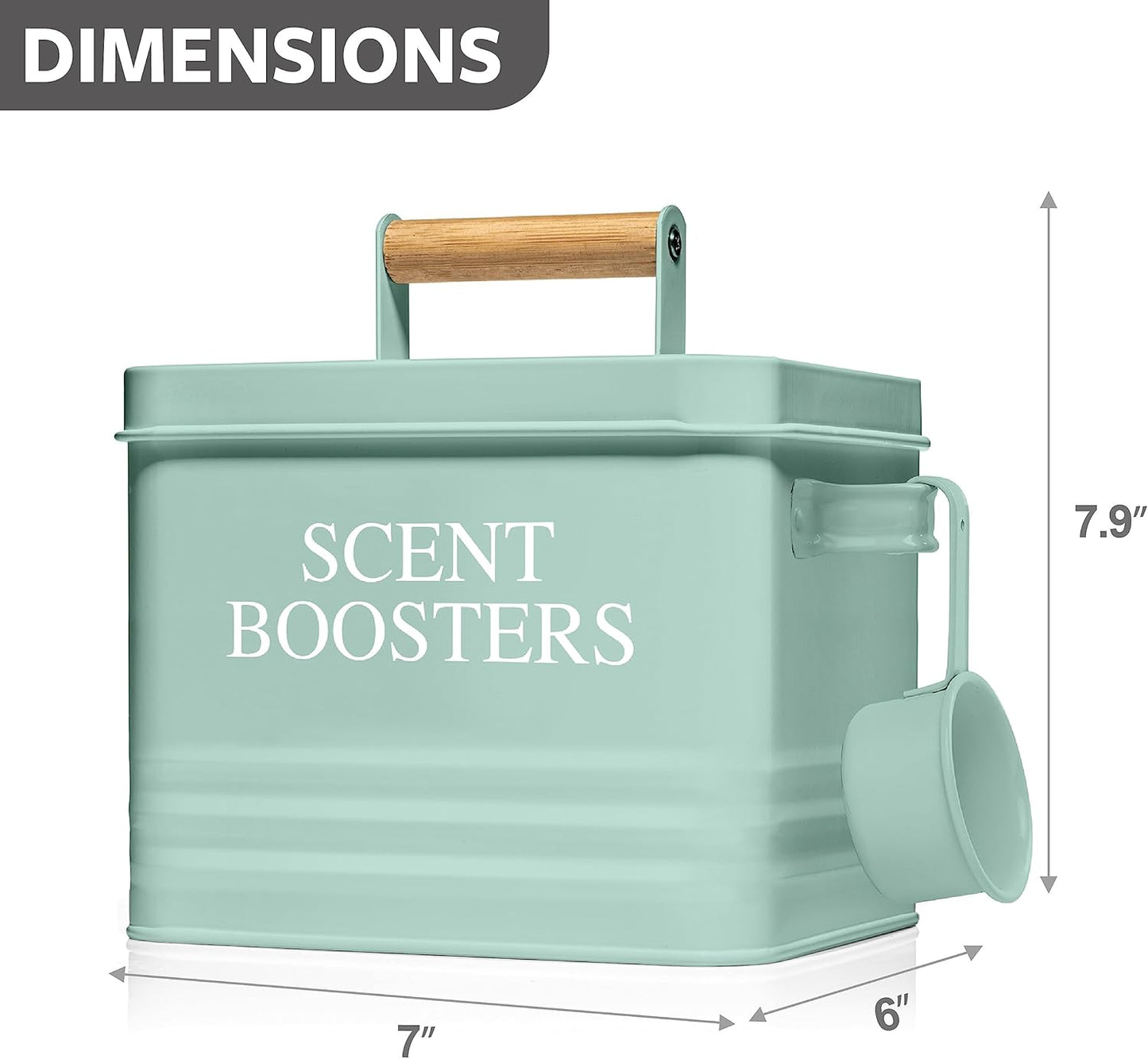 Calindiana Modern Farmhouse Metal Laundry Scent Booster Beads Dispenser Container with Scoop for Laundry Room Decor and Accessories and Space Saving Laundry Room Organization and Storage, Mint