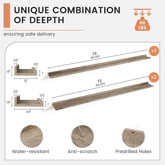 72 Inch Wall Shelves Set of 4, Modern Picture Ledge Shelves with Lip, Long Large Nursery Book Shelf for Toys Storage, Kids Bookshelf, Wall Mounted Living Room Bedroom Decor Frames