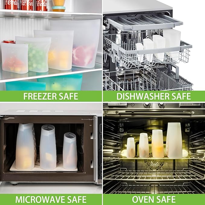 Reusable Storage Bag, 12 Pack 100% Silicone Food Storage Bags Stand Up Zip Lock Bags for Food, Freezer Microwave Oven Dishwasher Safe, 3 Extra Large(0.8 Gallon) 3 Medium 3 Small 3 X-Small, Translucent