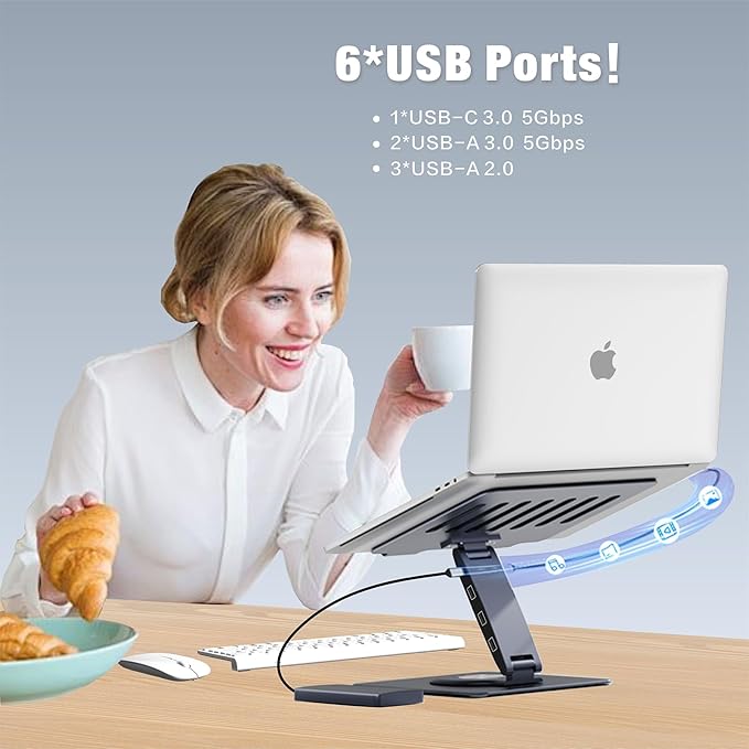 Adjustable Laptop Stand for Desk with Docking Station 9-in-1, Aluminum Laptop Riser with USB Hub, 360° Swivel, Dual Display 4K60Hz HDMI, 3 USB3.0, 100W PD Charging, for MacBook Pro Air/Dell/HP 7-15.6"
