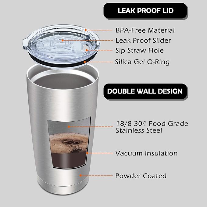 20oz Tumbler Bulk Stainless Steel Tumblers with Lid Vacuum Insulated Double Wall Travel Coffee Mug Powder Coated Tumbler Cup for Hot and Cold Drinks(Stainless Steel, 1 pack)