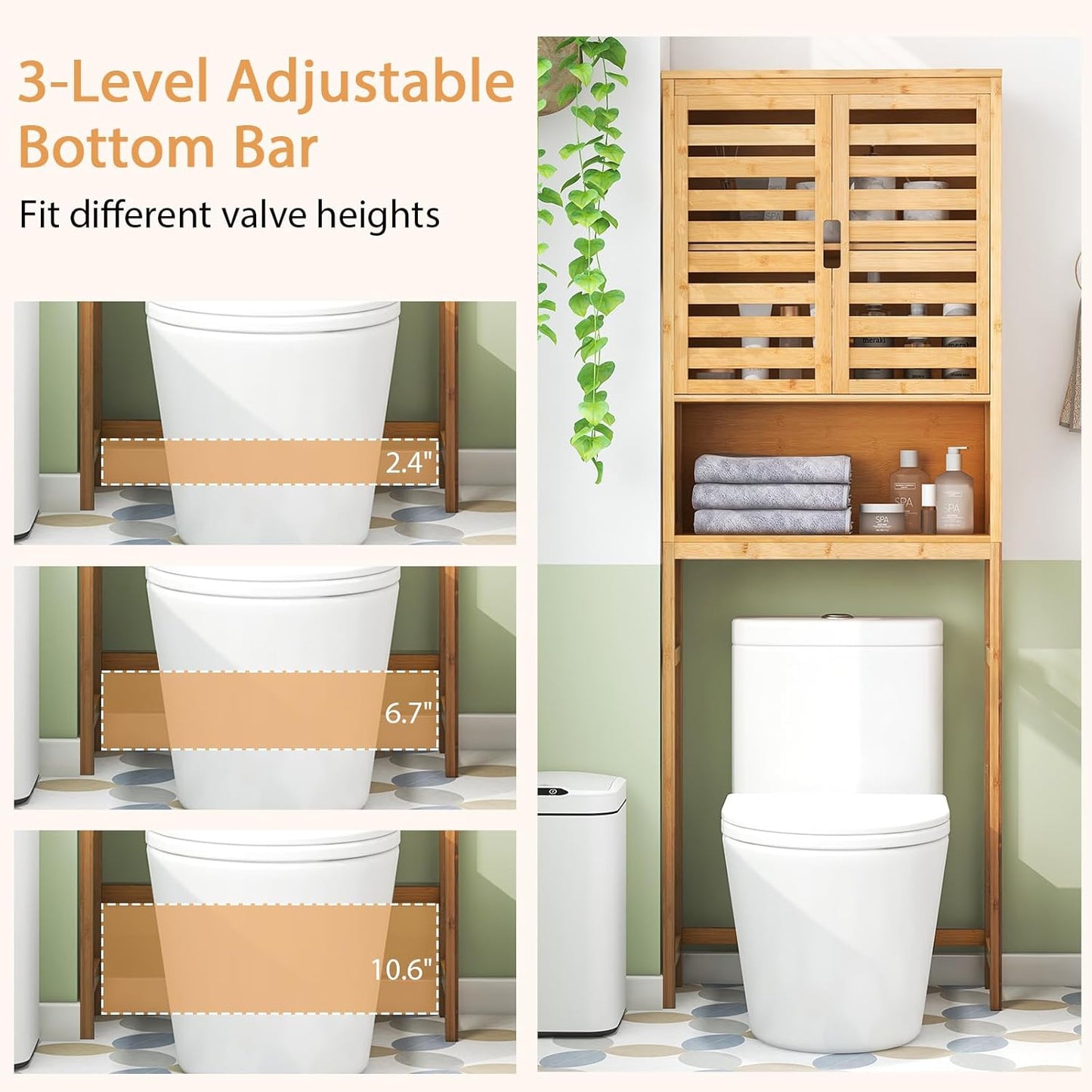 Tangkula Over The Toilet Storage Cabinet, Bamboo Bathroom Space Saver with 2 Doors, Adjustable Bottom Bar, Open Shelf, Freestanding Bathroom Cabinet Organizer Above Toilet for Restroom, Laundry Room