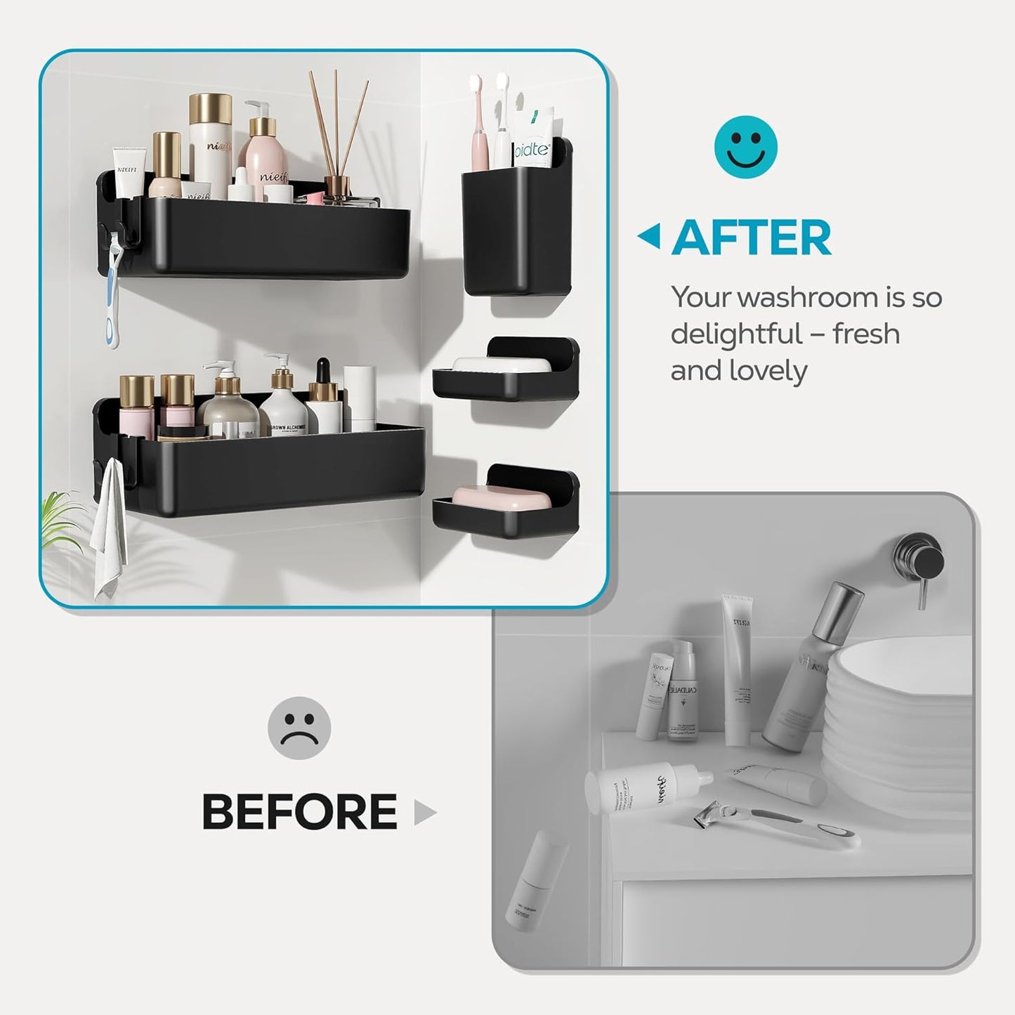 Nieifi Shower Shelves 5 Pack, Adhesive Shower Wall Shelf Organizer for Bathroom Organization, Black