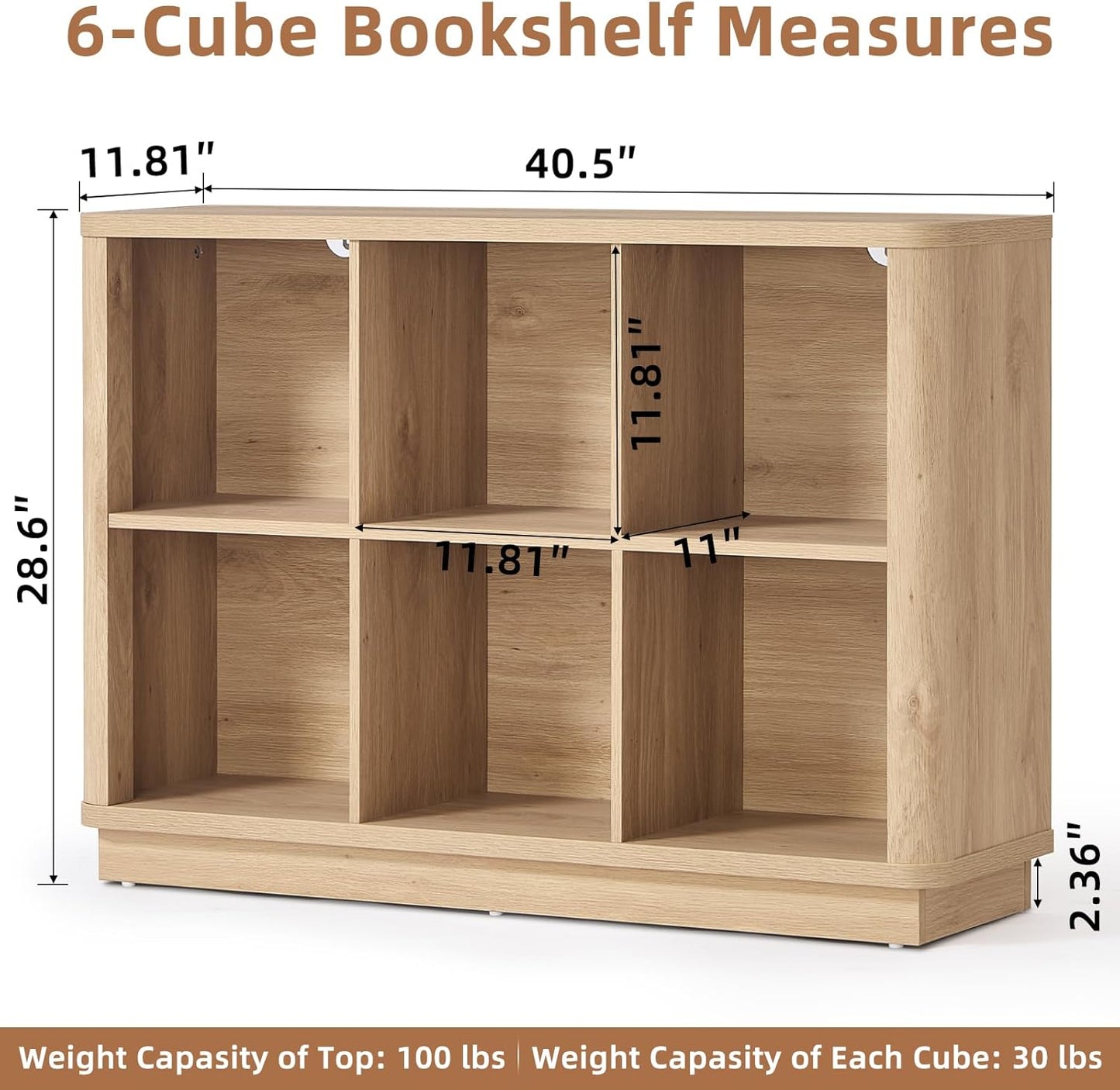6 Cube Storage Book Shelf, 40" Wide Low Horizontal Bookcase with Curved Edge, Floor Standing 2-Tier Wooden Bookshelf with Base, Modern Short Book Case for Bedroom, Study, Entryway, Natural Oak