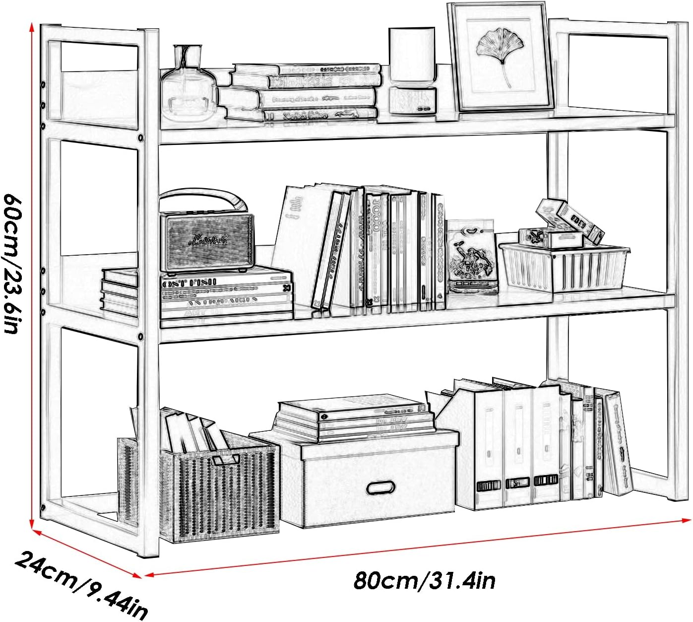 Desktop Bookcase for Computer Desk,2 Tier Adjustable Desk Bookshelf, Wood and Metal Printer Stand Office Supplies Organizers and Storage Display Shelf