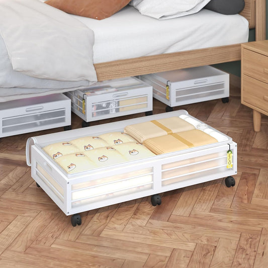 Bamboo Underbed Storage Containers with Wheels & Bag 2 Pack, Large Under Bed Rolling Storage Bins Wood Under Bed Clothes Storage Stackable Drawers for Bedroom Closet Under Crib Toy(White)