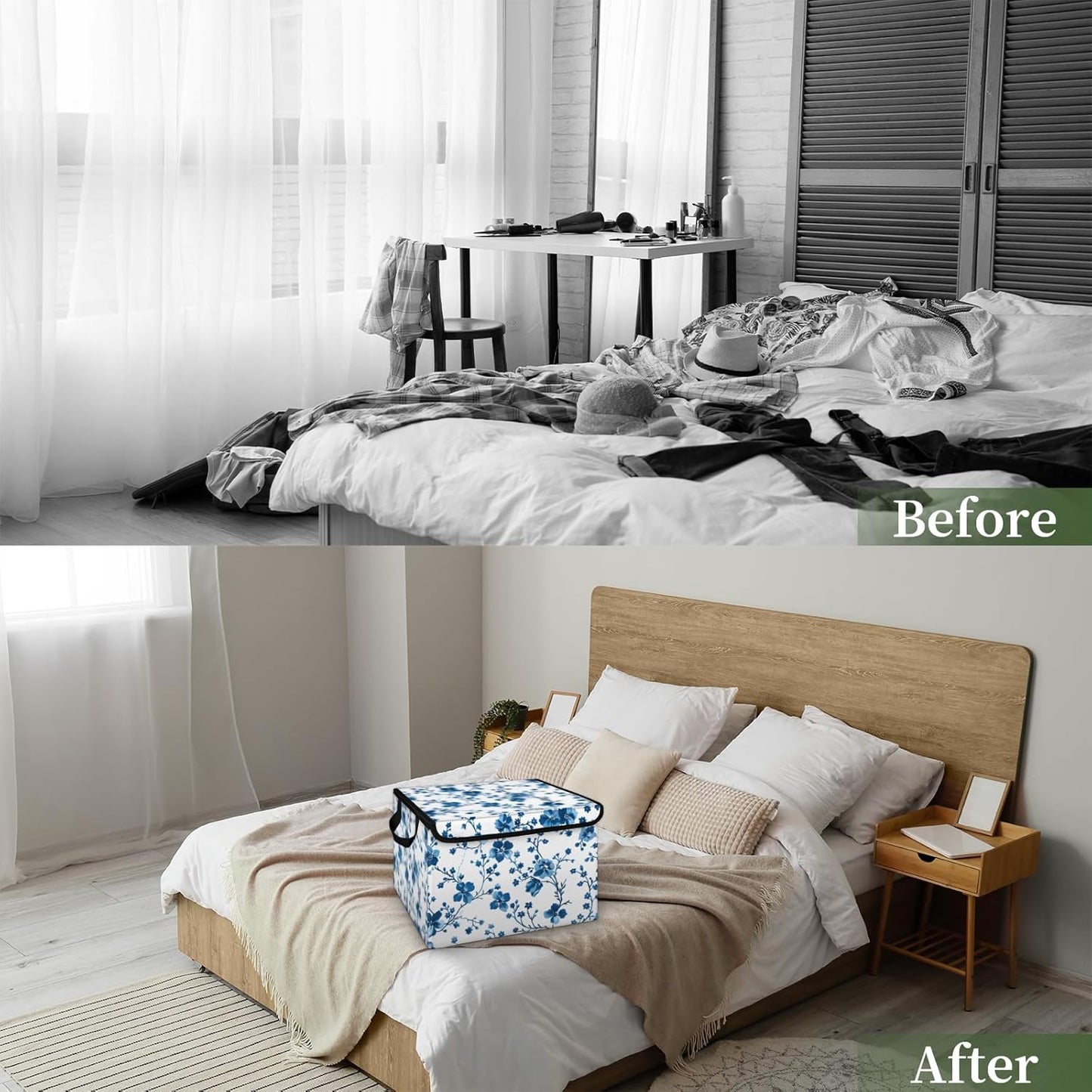 Closet Storage Bins Storage Baskets for Organizing with Flip-Top Lid & Handles, 27 Quart Large Linen Closet Organizers and Storage Cubes, Decorative Wardrobe Boxes for Organization (Blue Plum Flowers)