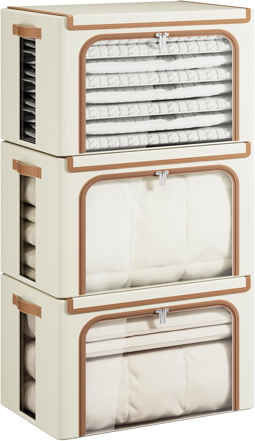 Yecaye Clothes Storage Bins with Metal Frame, Foldable Clothing Storage Bin with Lid, Stackable Oxford Fabric Organizer Box With Clear Window & Zippers & PU Leather Handles (3 Pack,Beige,66L)