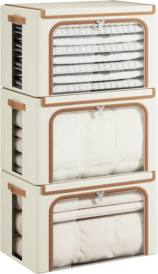 Yecaye Clothes Storage Bins with Metal Frame, Foldable Clothing Storage Bin with Lid, Stackable Oxford Fabric Organizer Box With Clear Window & Zippers & PU Leather Handles (3 Pack,Beige,66L)