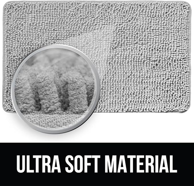 KANGAROO Bathroom Rugs, Chenille Soft Absorbent Bath Rug, Shaggy Shower Mat, Quick Dry Machine Wash Bathmat, Plush Carpet Mats for Tub, Bathtub and Room Home Decor Accessories, 60x24, Light Gray