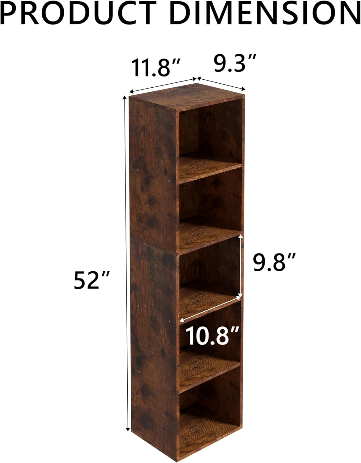 Wooden 5 Cube Storage Organizer, 5 Tier Storage Cubes Storage Display Cubby, 52 Inch Tall Versatile Cubes Shelf and Cubby Organizer for Any Space (Retro Brown, 5 Cube-W(11.8inch)