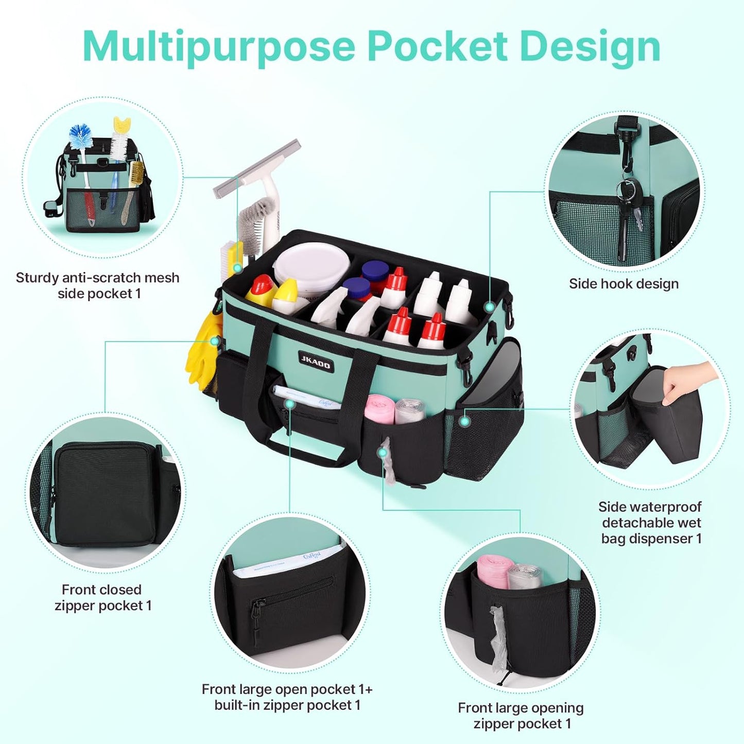 Large Wearable Cleaning Caddy Bags, Cleaning Supplies Storage Bag with Handles and Adjustable Shoulder Strap and Removable Waist Straps,Waterproof Cleaning Tote for Home,Car,Office