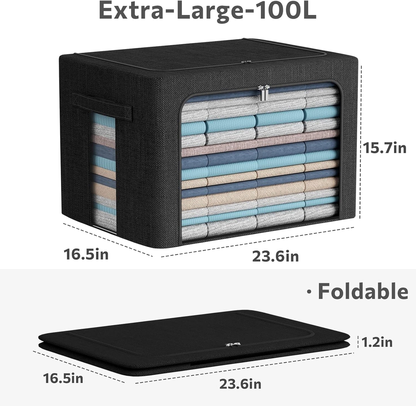 3Pack Foldable Storage Bins - Frame Storage Box Linen Fabric Stackable Clothes Container Organizer with Clear Window & Carry Handles Large Capacity (Extra Large-100L, Black)