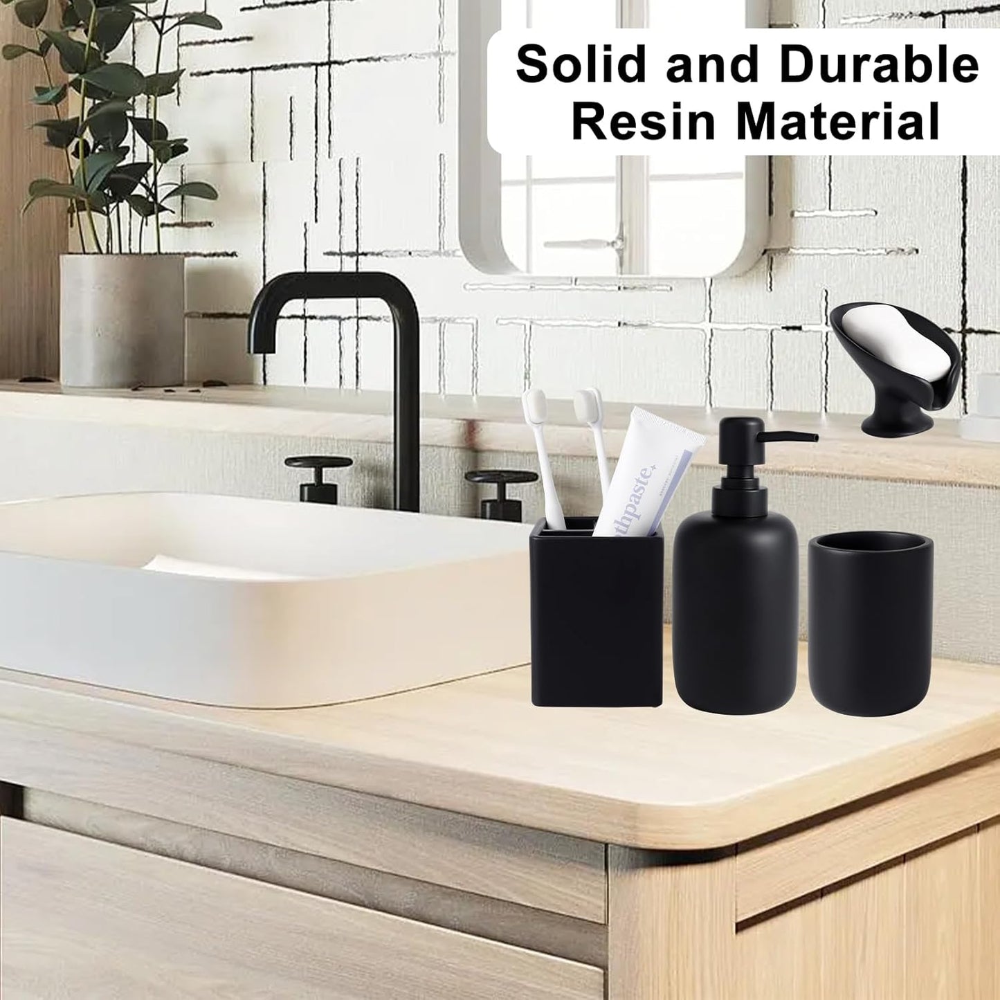 Resin Matte Black Bathroom Accessories Set of 5, Lotion Soap Dispenser, Bathroom Organizer Accessory, Toothbrush Holder, Self Draining Soap Dish and Bathroom Tumbler for Modern Home Decor