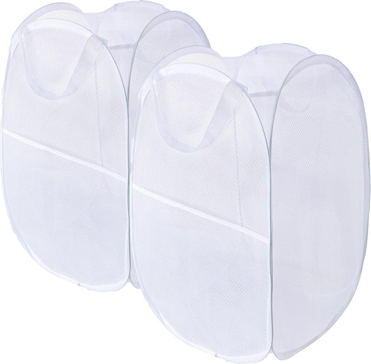Foldable Mesh Popup Laundry Hamper,Laundry Basket Easy to Open and Fold for Dorm,Travel, College Dorms, and More (2 white)