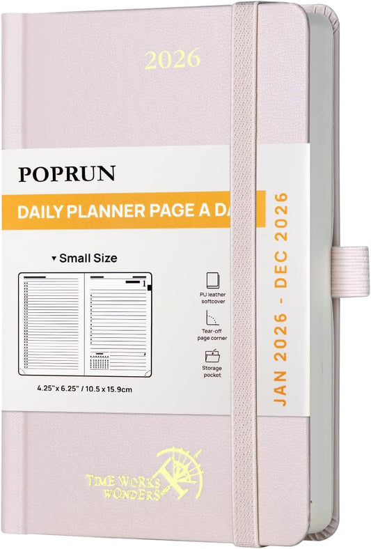 POPRUN 2026 Daily Planner One Page Per Day A6 Size Calendar (4.25" x 6.25") - 12 Months Hourly Appointment Book with Hardcover, Monthly Tabs, Pocket, Pen Holder - Light Pink